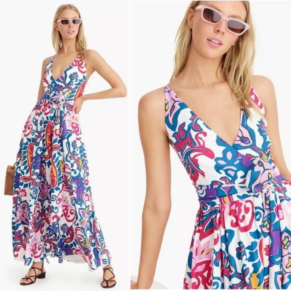 NWT NEW J.Crew Silk V-Neck Maxi Dress in Aja Ivory Painted Paisley Tie Waist - Picture 3 of 13